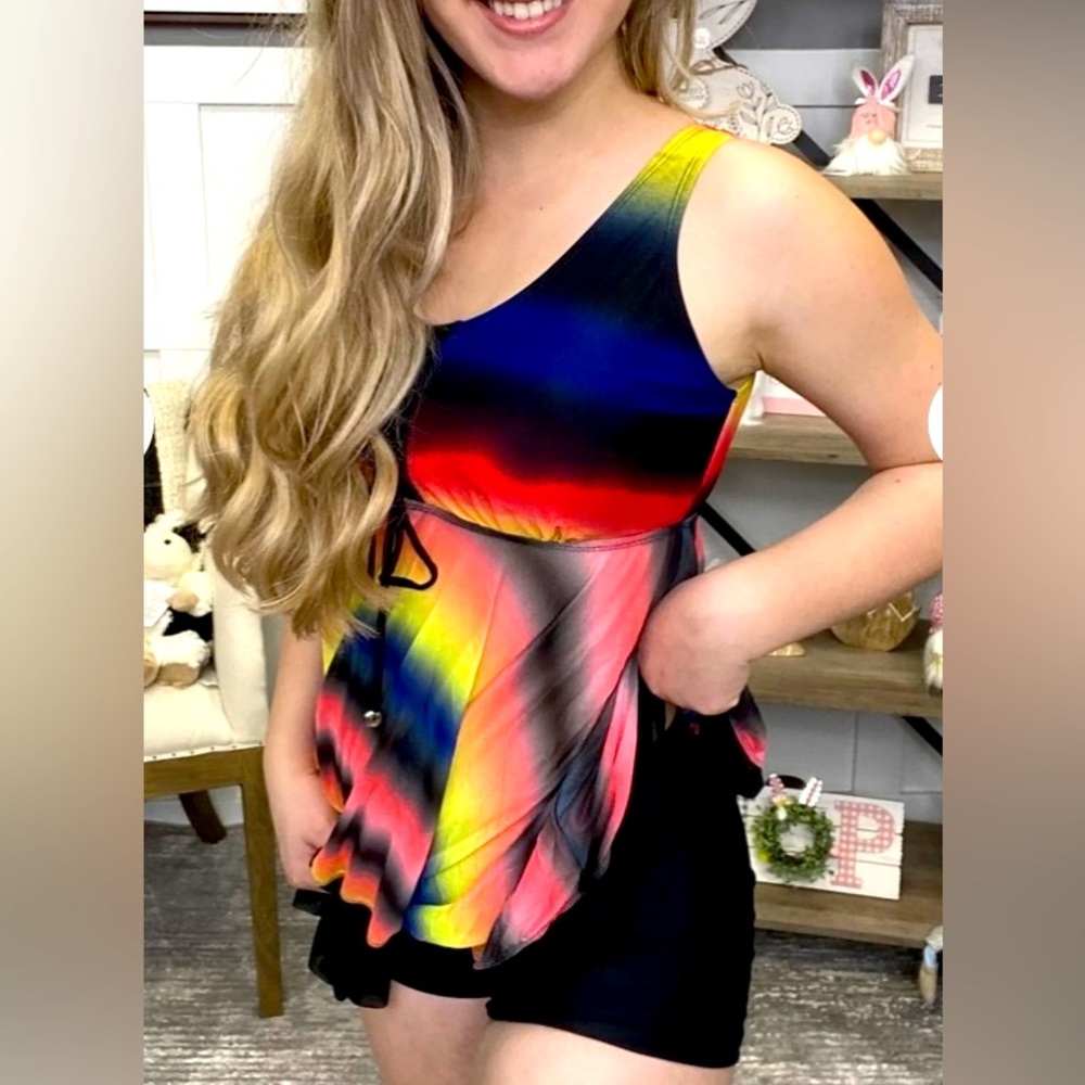 Mack & Mal 2pc Rainbow Tankini & shorts Semi-Sheer Swimsuit Women’s S NWT
